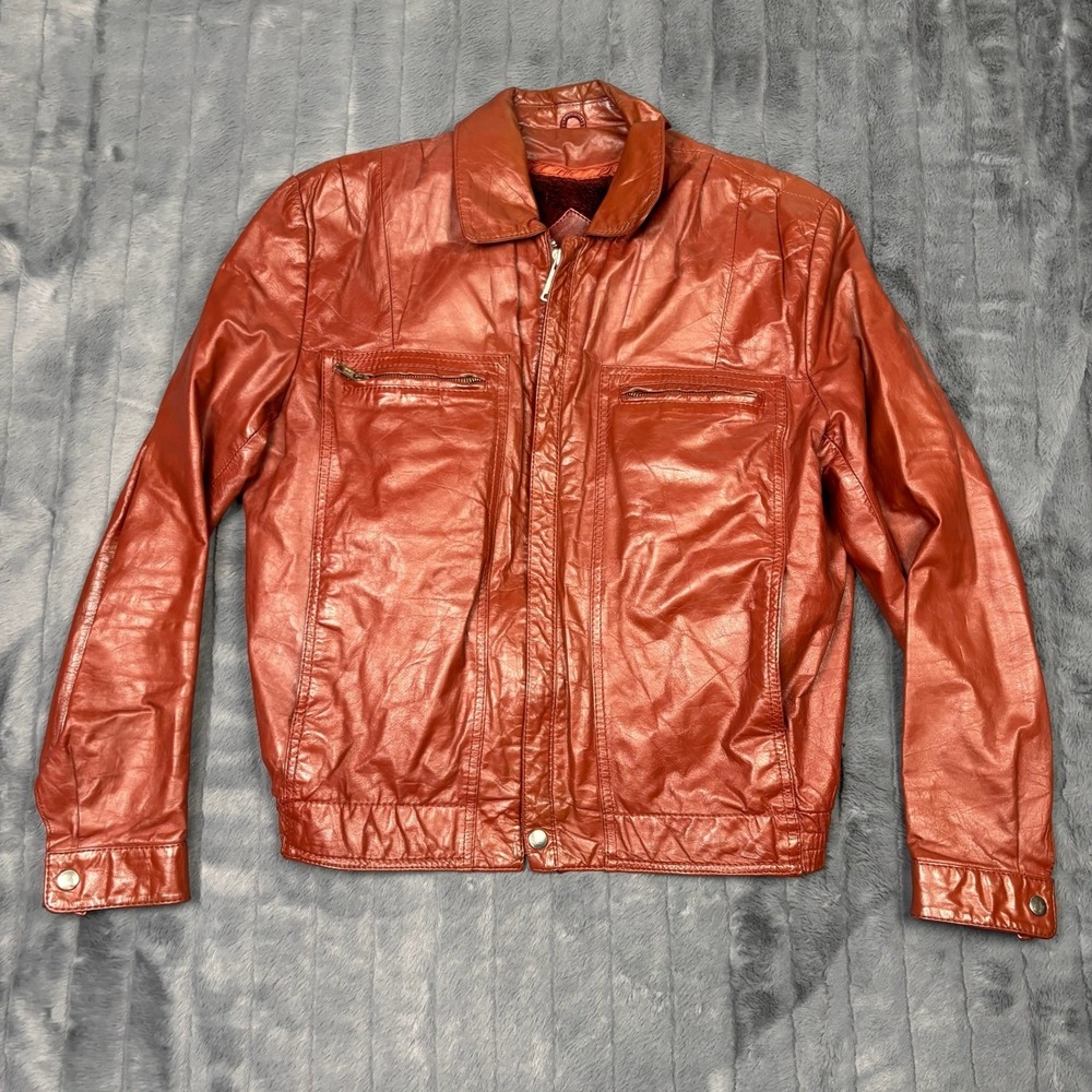 Chess King Mens Vintage 80s Red Leather Bomber Jacket Faux Fur Lined Size 40